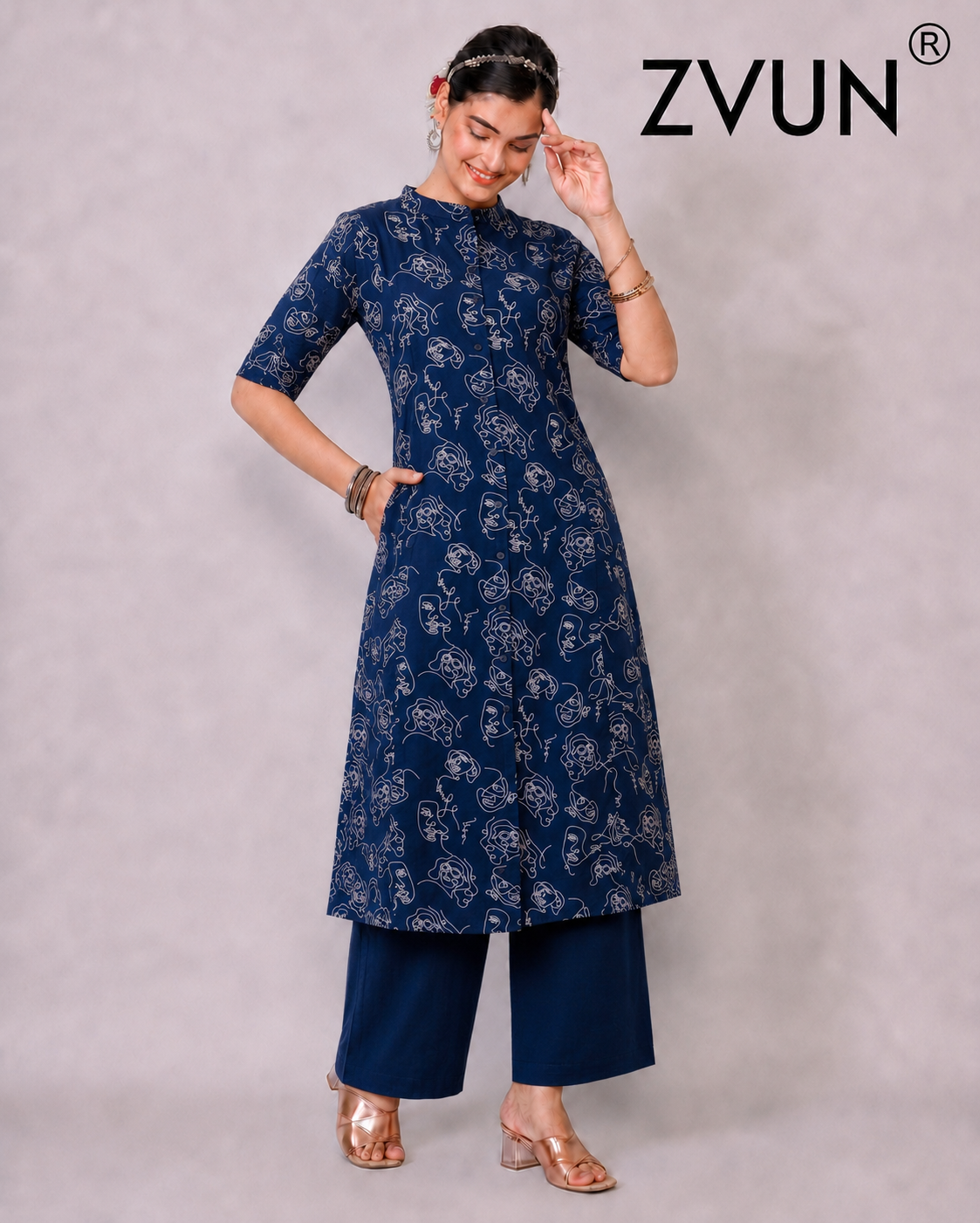 ZVUN Dark blue A-Line Cotton kurta Set
