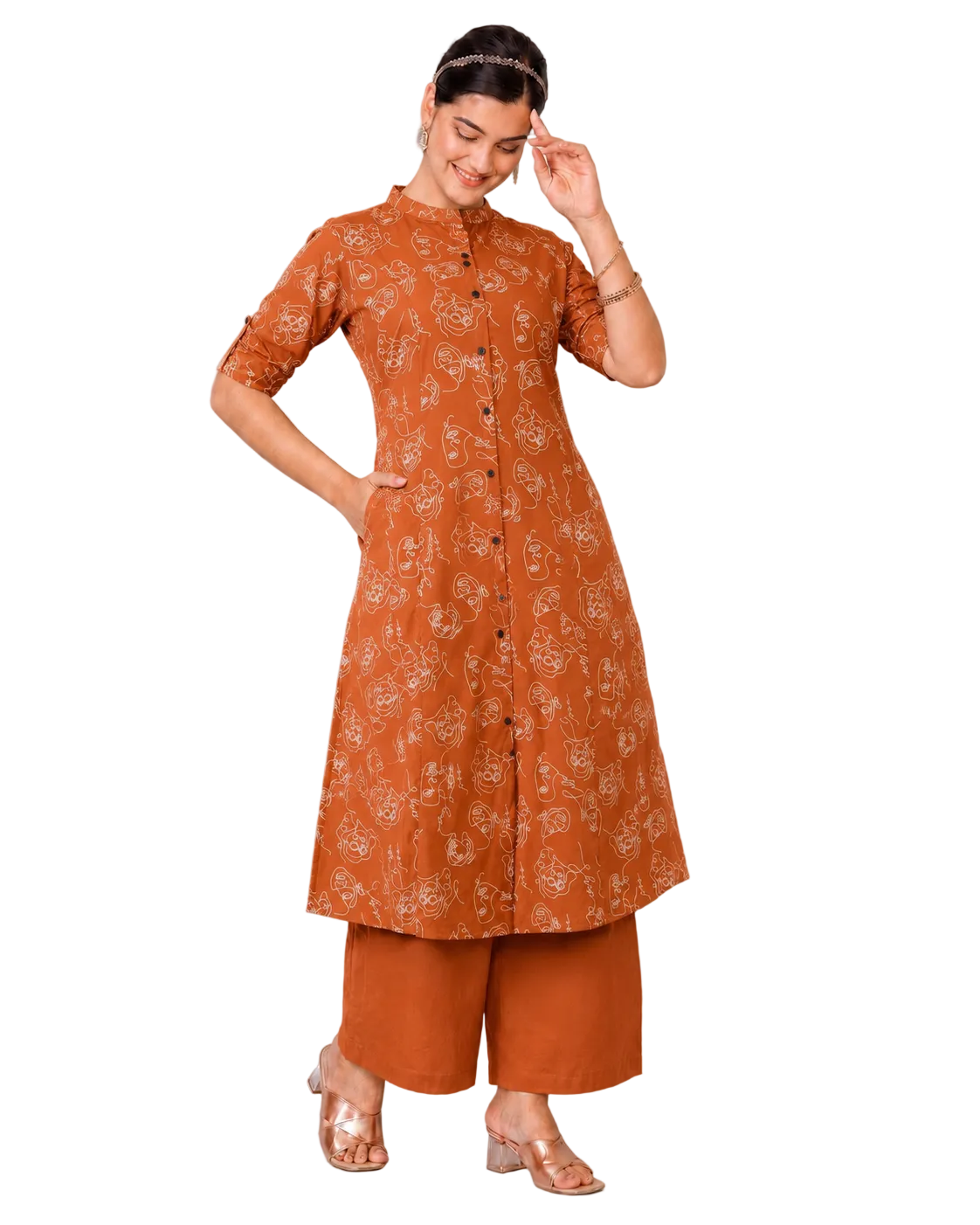 Aarika Rust Orange A-Line Cotton Kurta Set for women