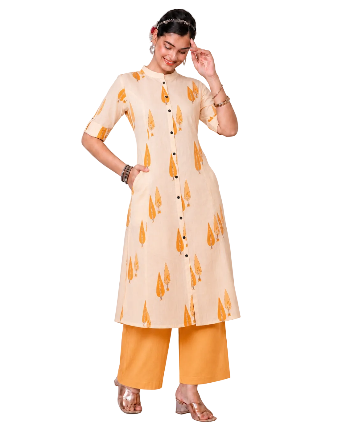 Riddhima Light Orange A-Line Cotton Kurta Set for women
