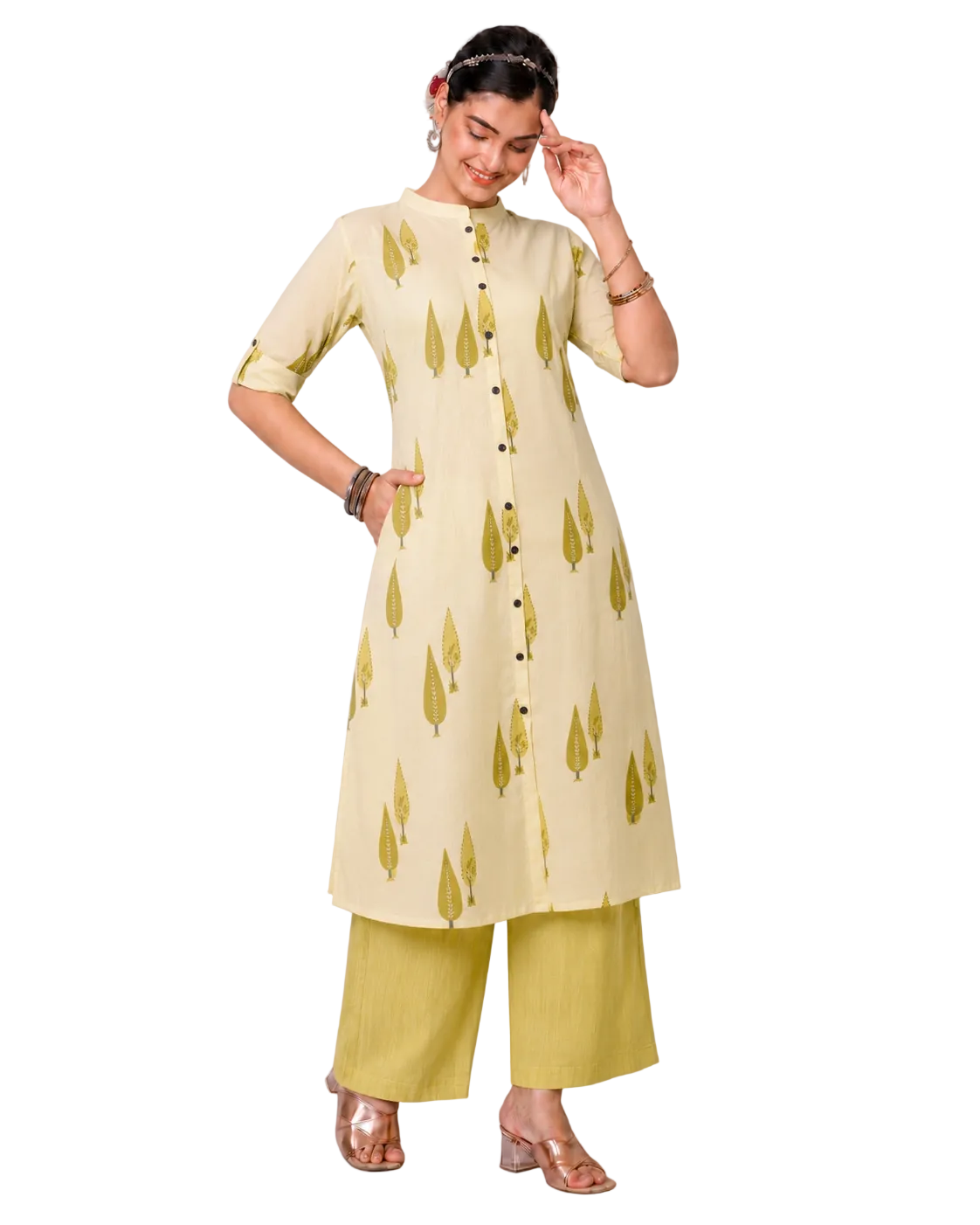 Pranavi Light Green A-Line Cotton Kurta Set for women