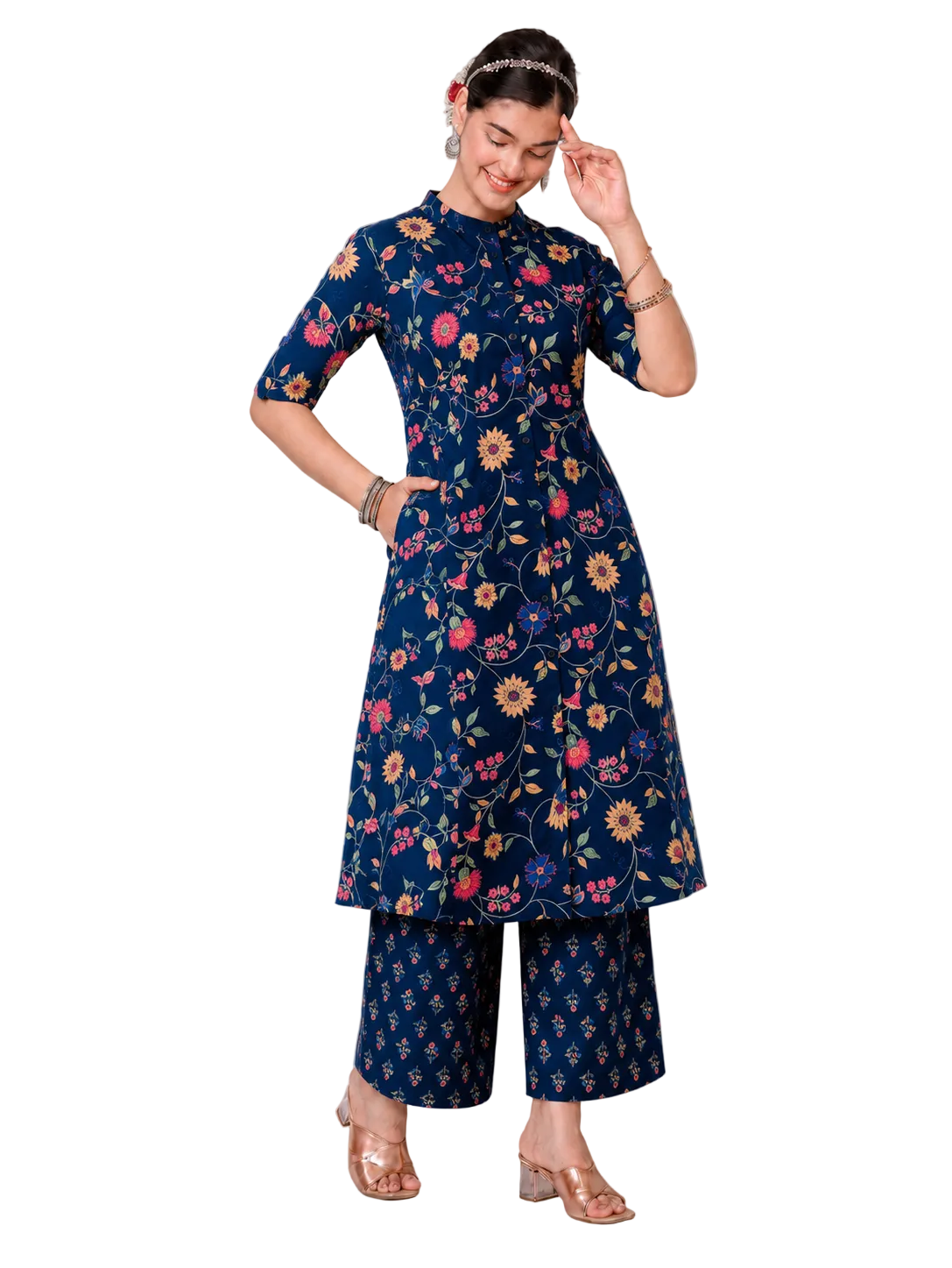 Medha Navy Blue a-line cotton kurta set for women