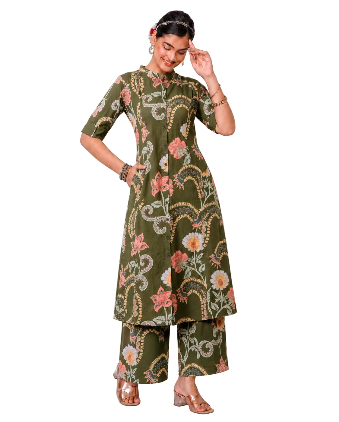Samaira Green A-Line Cotton Kurta Set for women